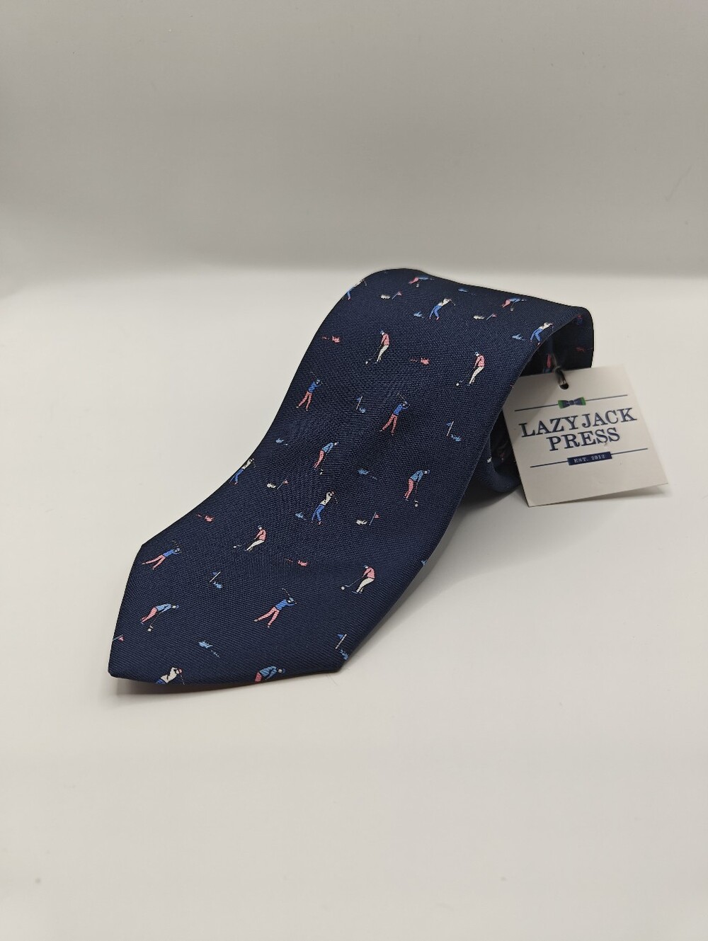 NWT Lazyjack Press Silk Tie Foreplay Golfer Swing Novelty Navy Blue Pink Italy